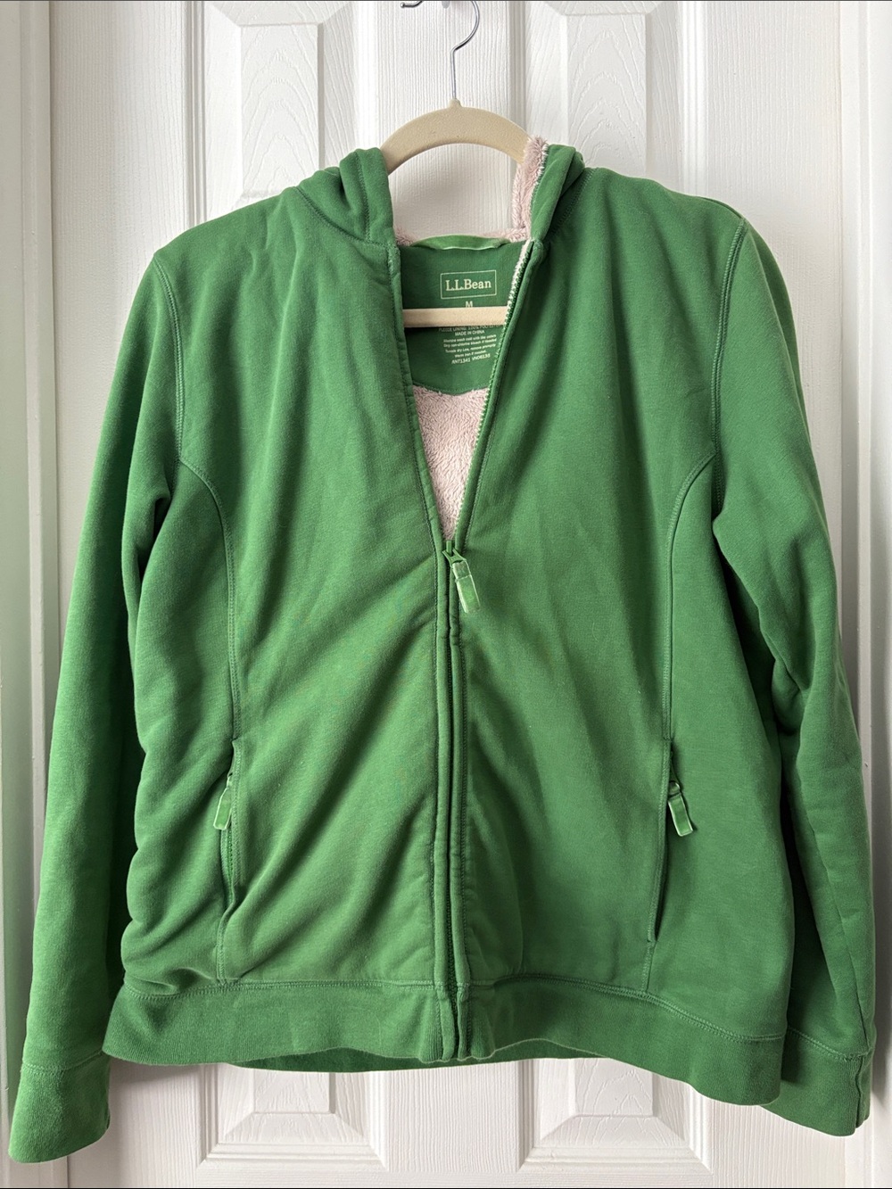 L.L. Bean Green Hooded Fleece fur sherpa lined Jacket hoodie sweatshirt Medium